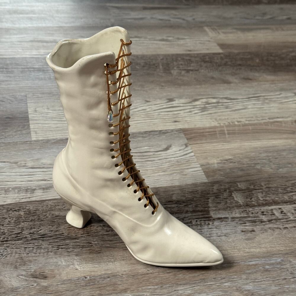 Vintage Ceramic Victorian Style Lace Up Boot Vase White Gold Cord Cottagecore